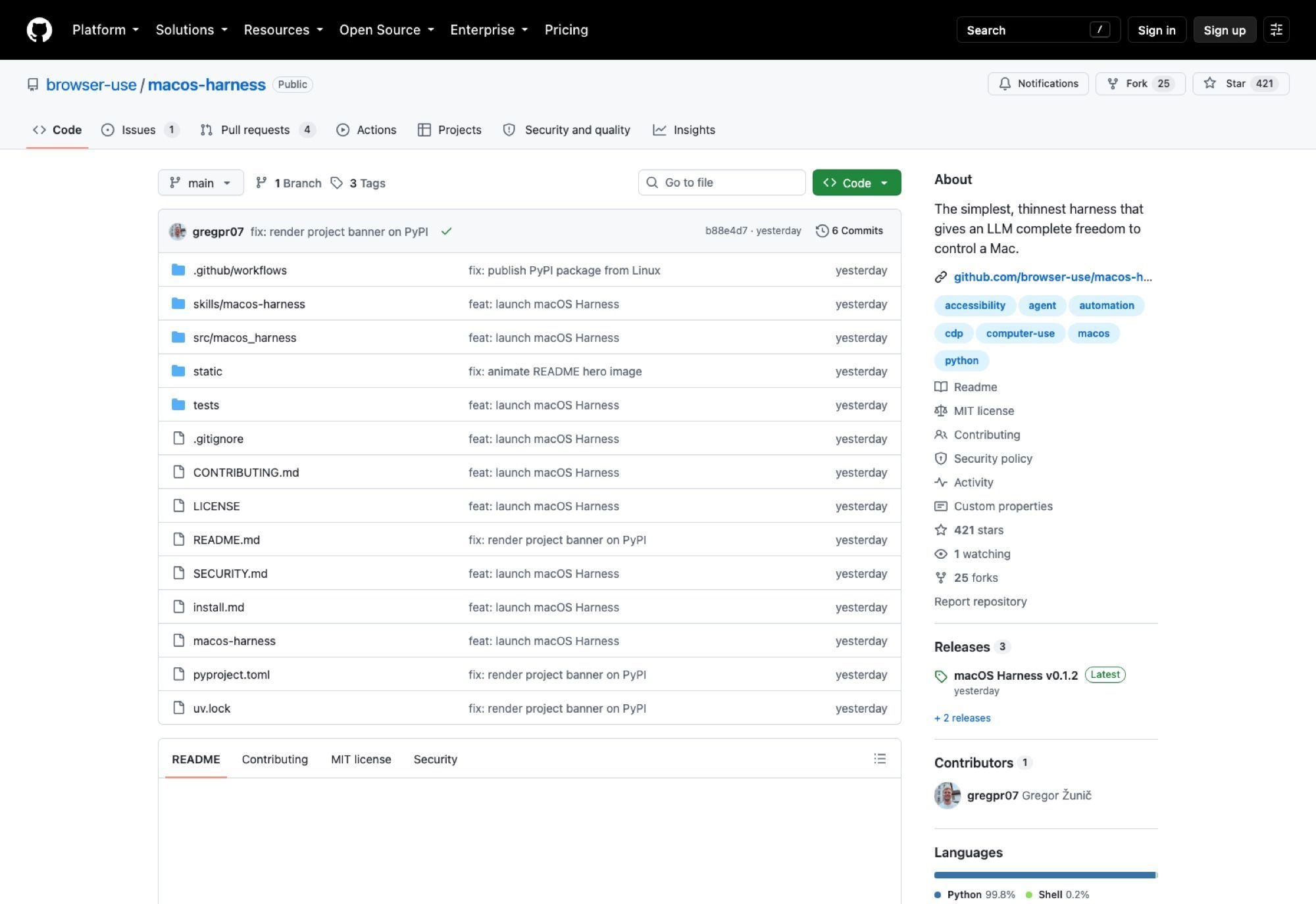 The browser-use/macos-harness repository on 19 August 2026: 421 stars, 25 forks, six commits, one contributor, and three releases all tagged on launch day.