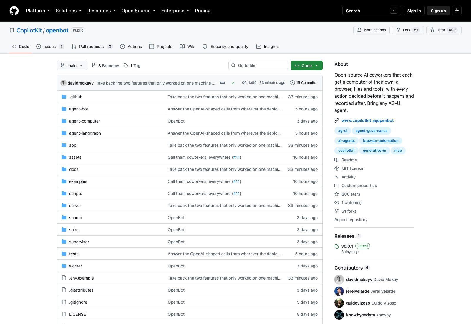 The CopilotKit/openbot repository on 20 August 2026: 600 stars, 51 forks, 15 commits, four contributors, MIT licence, and a single v0.0.1 release tagged three days earlier.