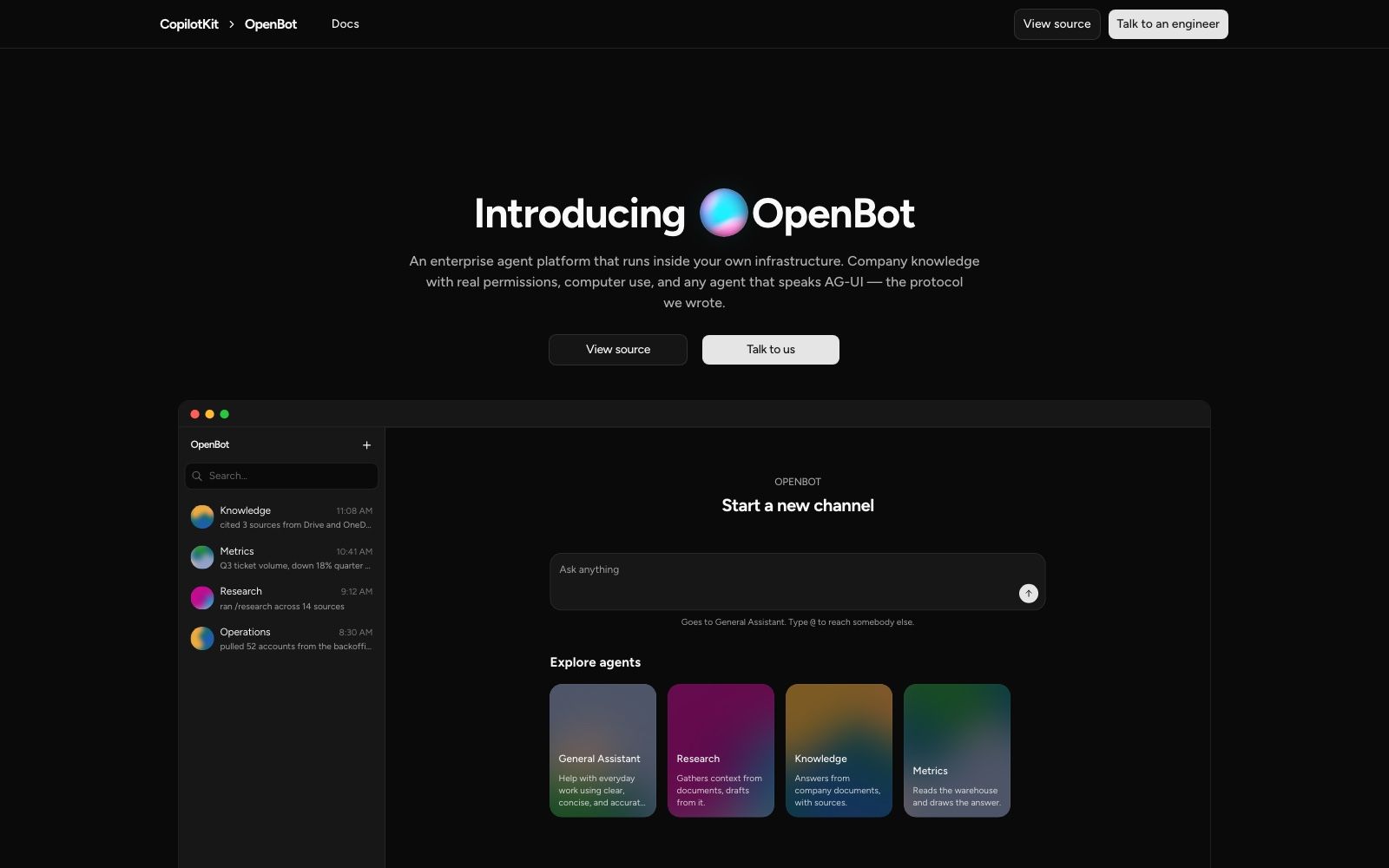 The CopilotKit OpenBot launch page on 20 August 2026, showing the product framed as an enterprise agent platform that runs inside your own infrastructure, with a channel list and an agent gallery in the demo panel.