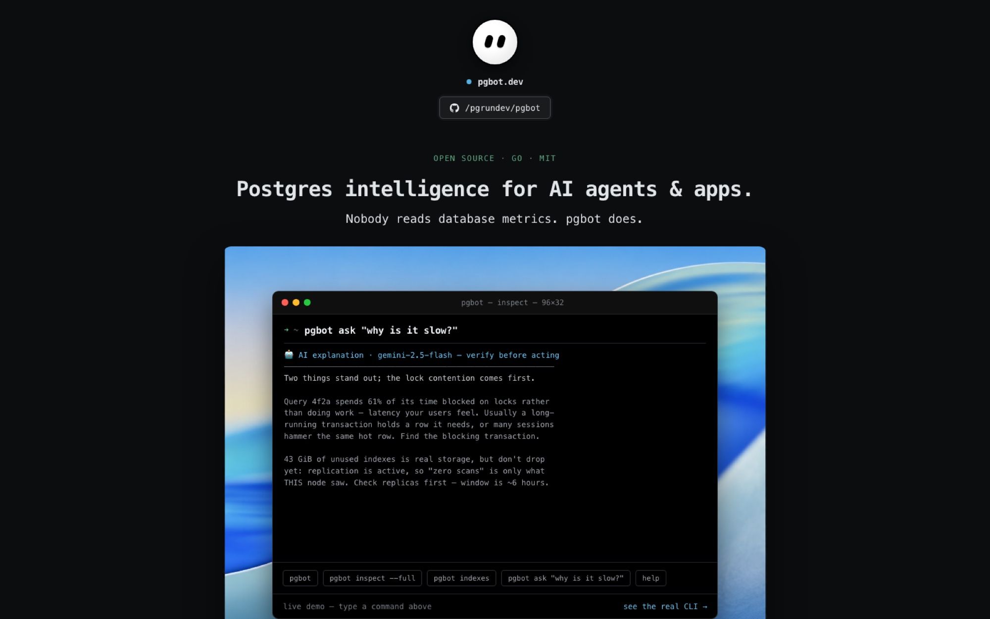 The live demo on pgbot.dev answering "why is it slow?" — the AI layer leads with lock contention and refuses to recommend dropping indexes while replication is active.