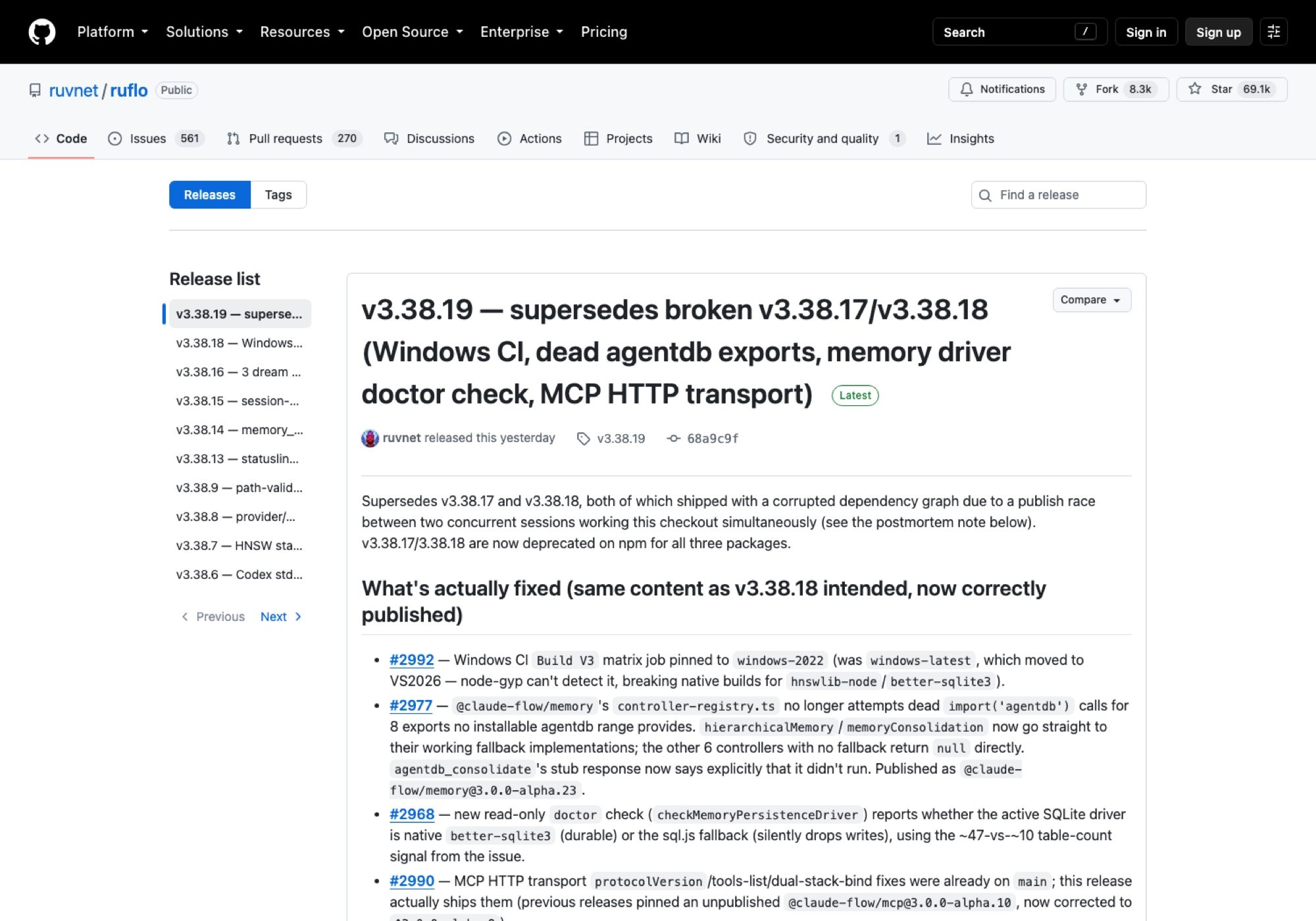 The v3.38.19 release notes: two prior versions shipped with a corrupted dependency graph after a publish race, and both were deprecated on npm across all three packages.