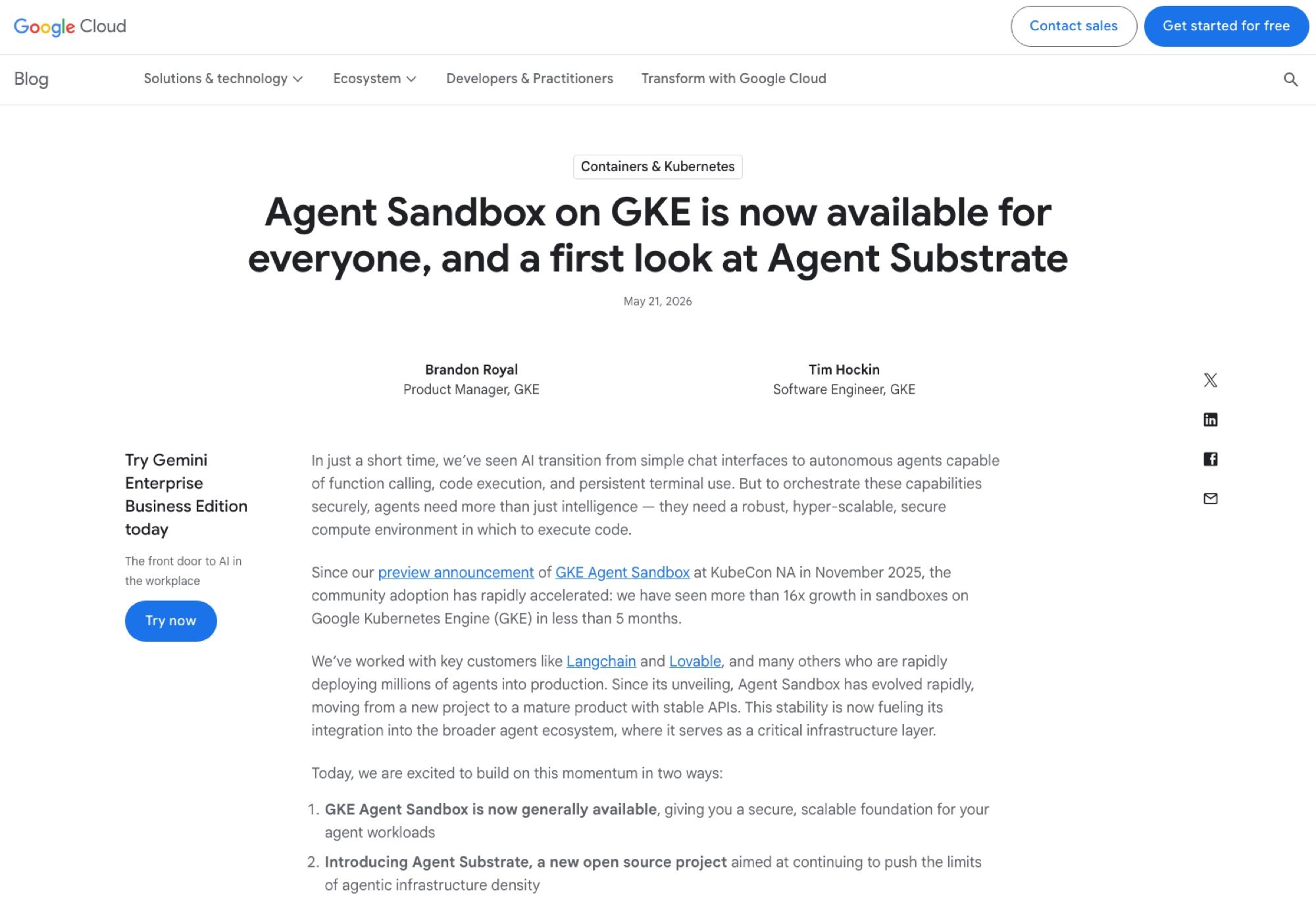 Google Cloud's launch post from 21 May 2026, "Agent Sandbox on GKE is now available for everyone, and a first look at Agent Substrate," authored by a GKE product manager and a GKE software engineer.