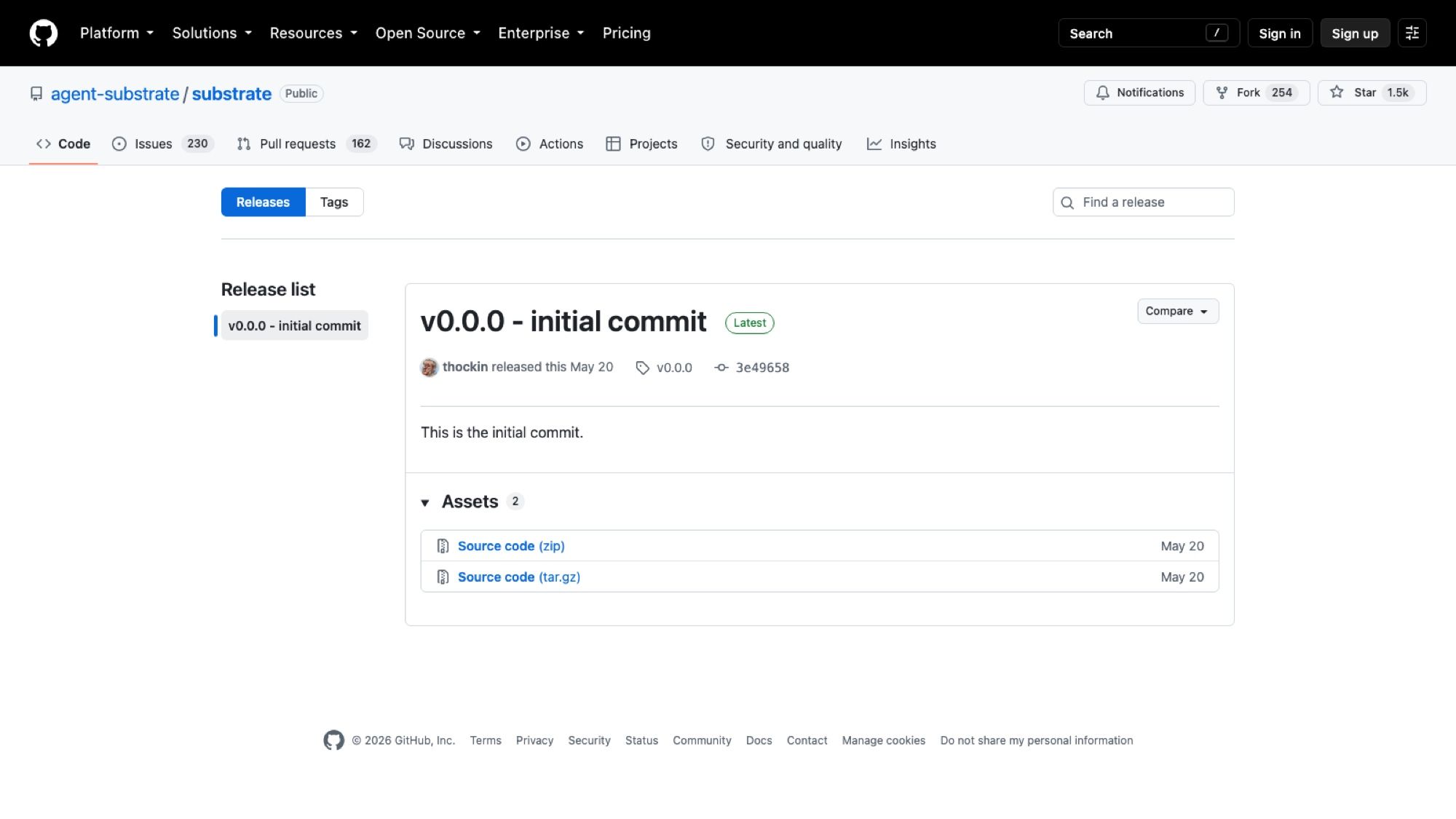 The releases page for agent-substrate/substrate on 21 August 2026, showing a single tag, v0.0.0, published in May and never followed up.