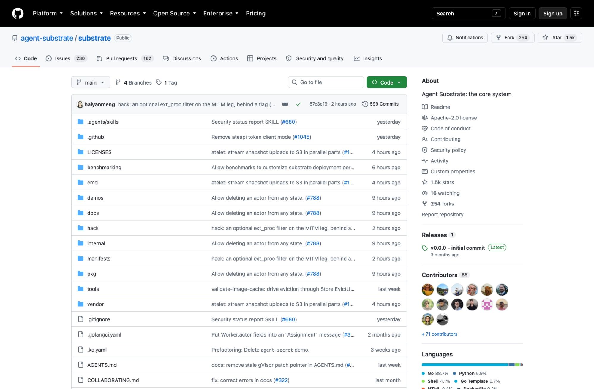 The agent-substrate/substrate repository on 21 August 2026: 1,453 stars, 254 forks, Apache-2.0, written in Go, with the README's opening note stating it is not an officially supported Google product.