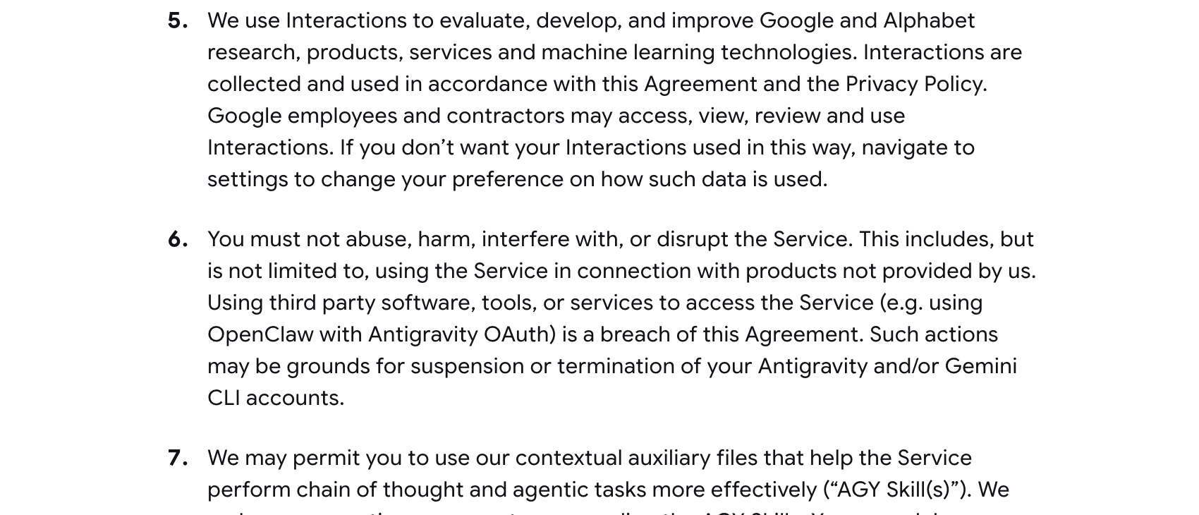 Clause 6 of the Google Antigravity Additional Terms of Service, which names OpenClaw with Antigravity OAuth as a breach and scopes the penalty to Antigravity and Gemini CLI accounts (captured 2026-09-04)