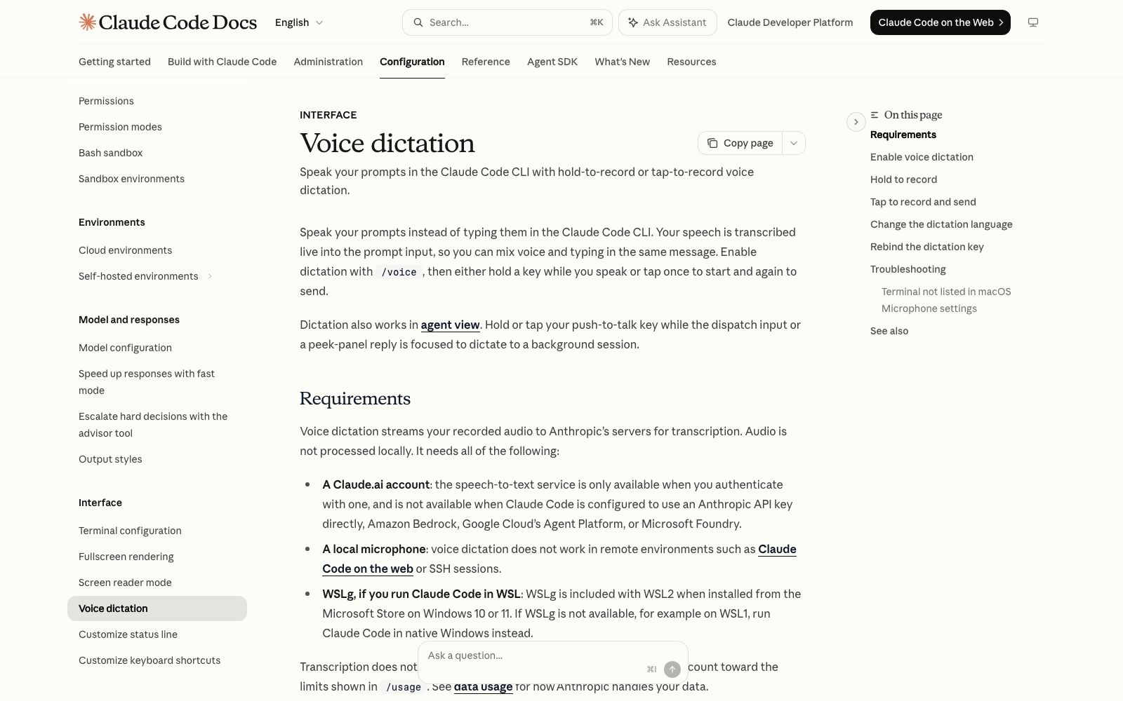 The official Claude Code documentation page for voice dictation, listing the three requirements: a Claude.ai account, a local microphone, and WSLg for anyone running Claude Code inside WSL