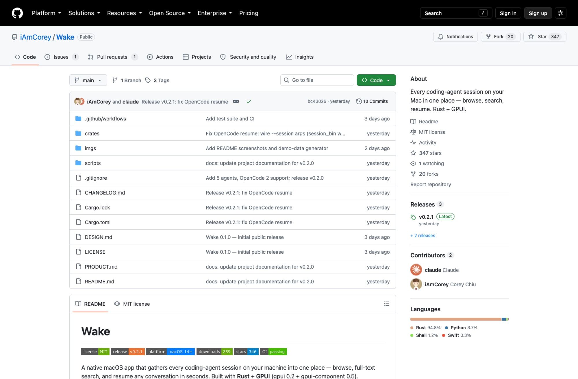 The iAmCorey/Wake repository on 21 August 2026: 347 stars, 20 forks, 10 commits, MIT licence, three releases with v0.2.1 tagged the previous day, and a language split of 94.8% Rust.