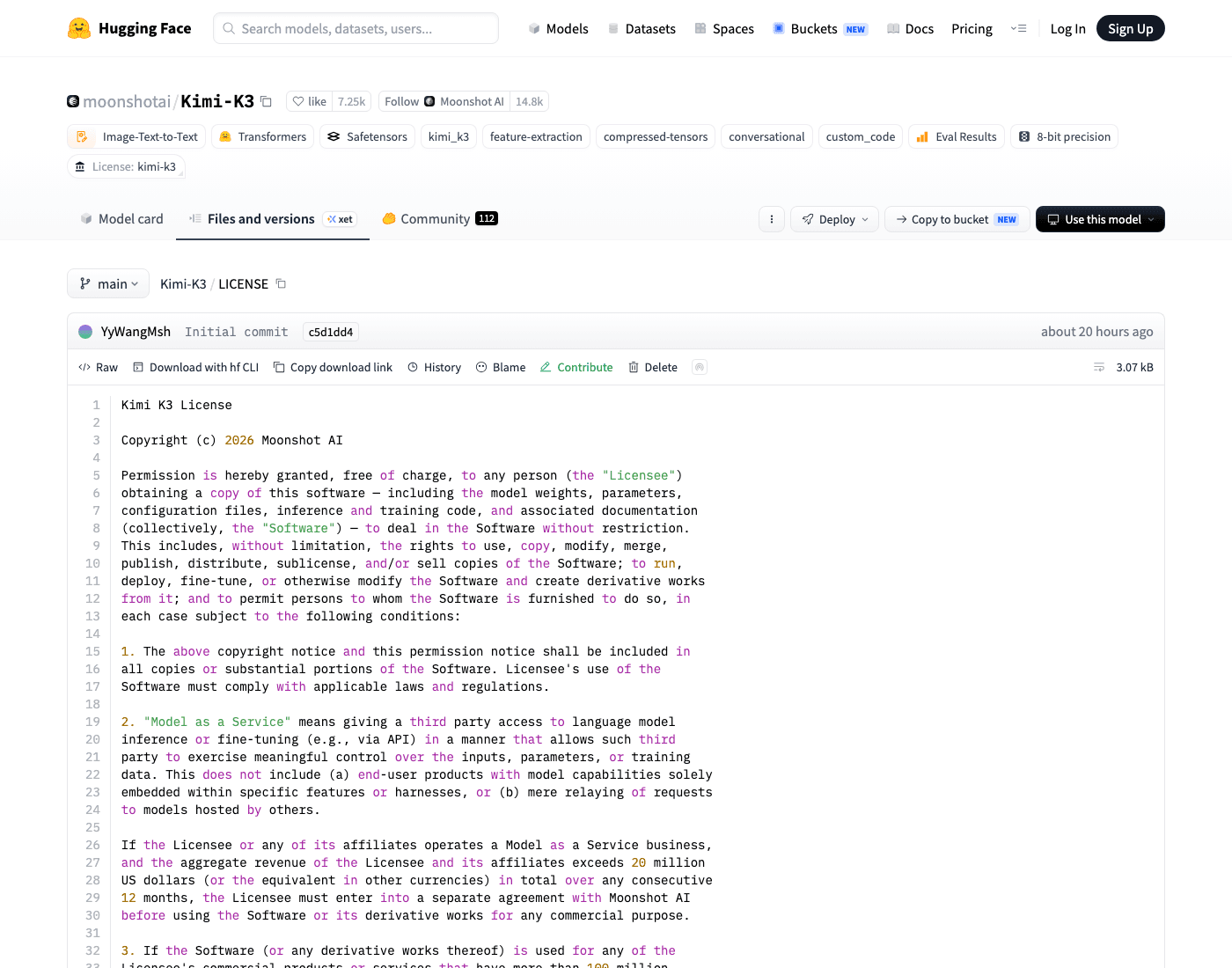 The Kimi K3 License file on Hugging Face, showing the Model-as-a-Service definition and the 20 million dollar revenue threshold