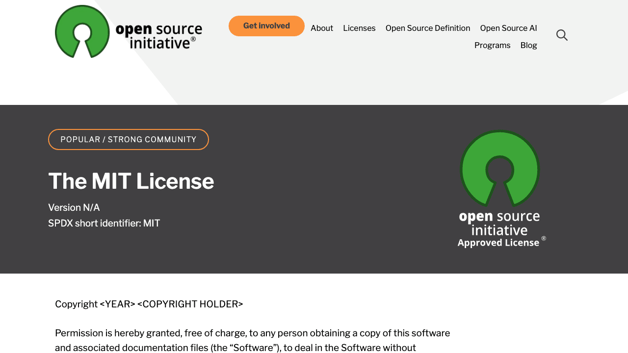 The OSI-approved plain MIT license text, shown for contrast with Modified MIT