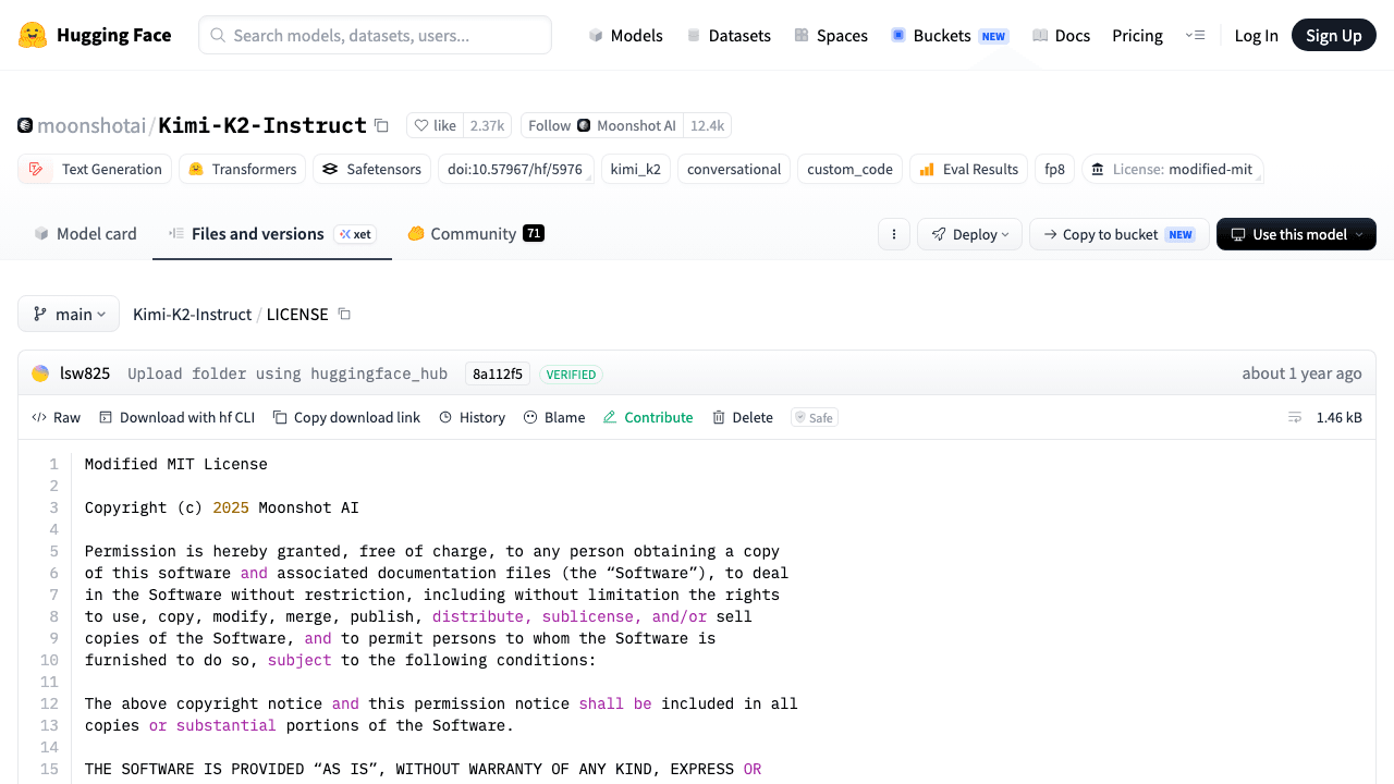 The Kimi K2-family Modified MIT LICENSE file on HuggingFace, shown as precedent for K3