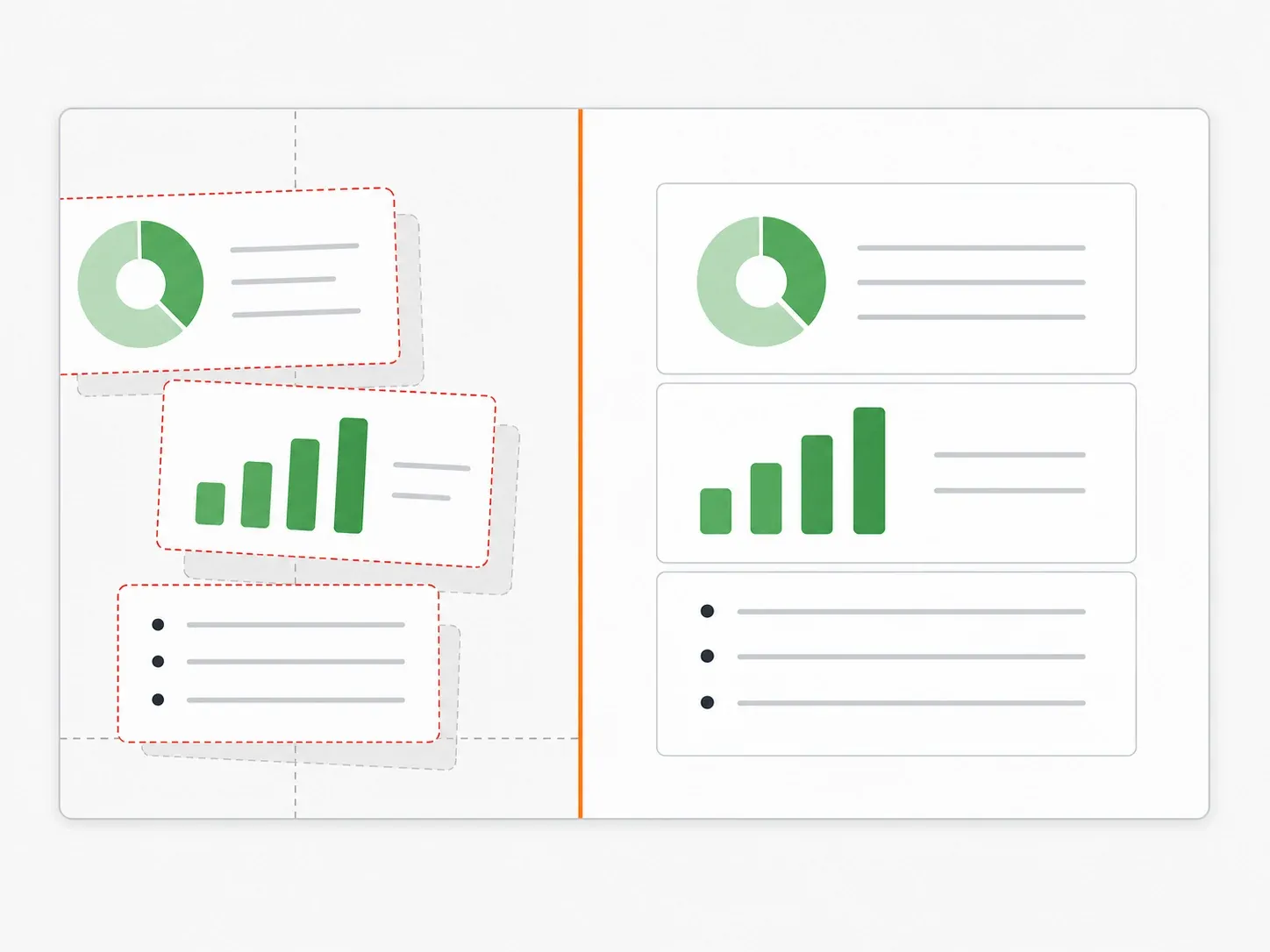 The same three slide objects shown overlapping in a broken export, then evenly spaced and aligned without layout guides