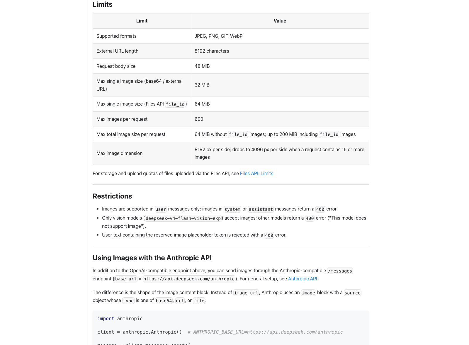 DeepSeek's Vision guide limits table and restrictions list, showing 600 images per request, an 8192 px maximum dimension, and the 400 error text This model does not support image returned by non-vision models.