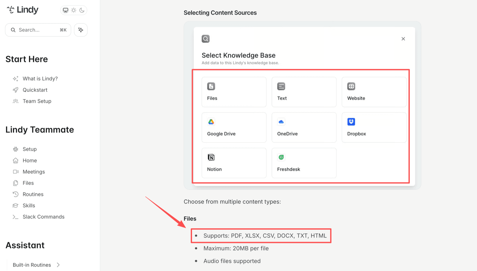 Lindy's knowledge base source picker: files, text, websites, Google Drive, OneDrive, Dropbox, Notion, and Freshdesk.
