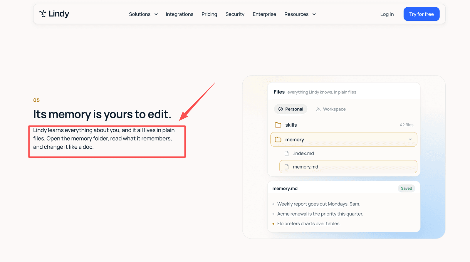 Lindy's marketing site showing memory as a plain memory folder containing index.md and memory.md.
