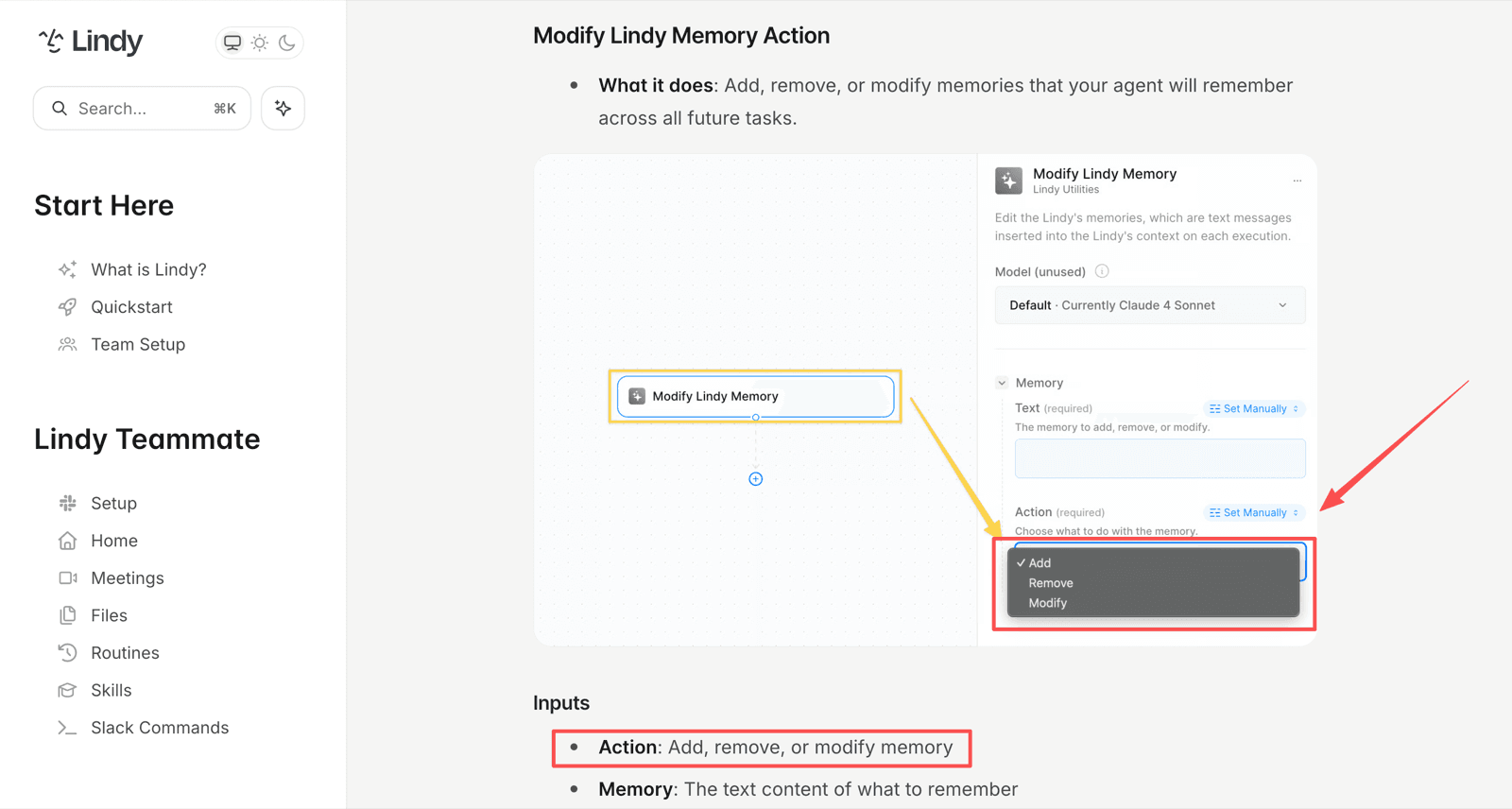 Lindy's Modify Lindy Memory action, with the Add / Remove / Modify dropdown open.