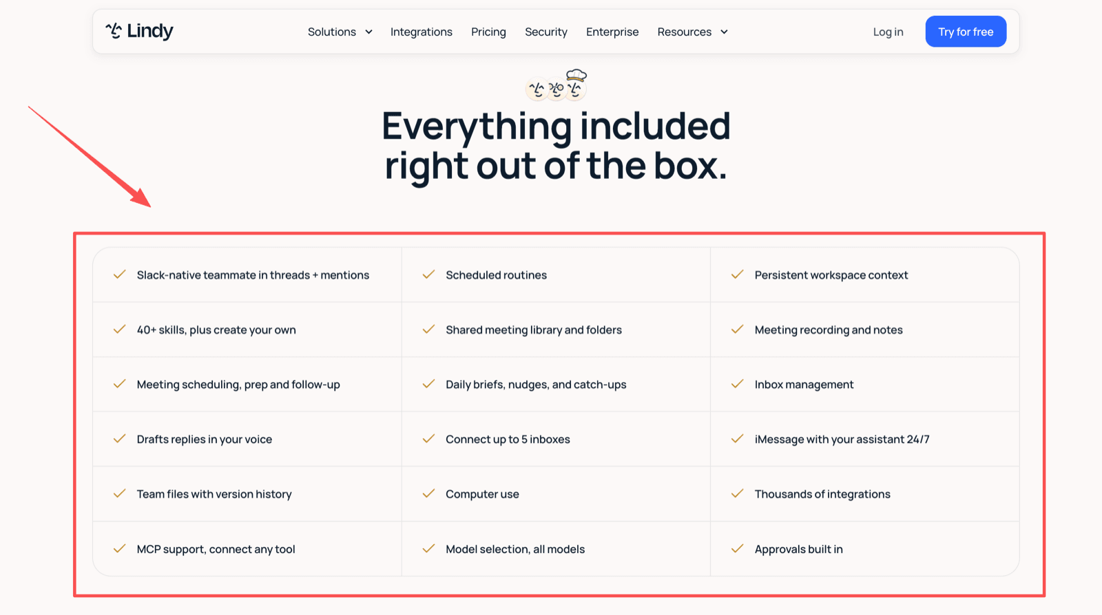 Lindy's pricing page listing what every plan includes, including scheduled routines, persistent workspace context, 40+ skills, and approvals.