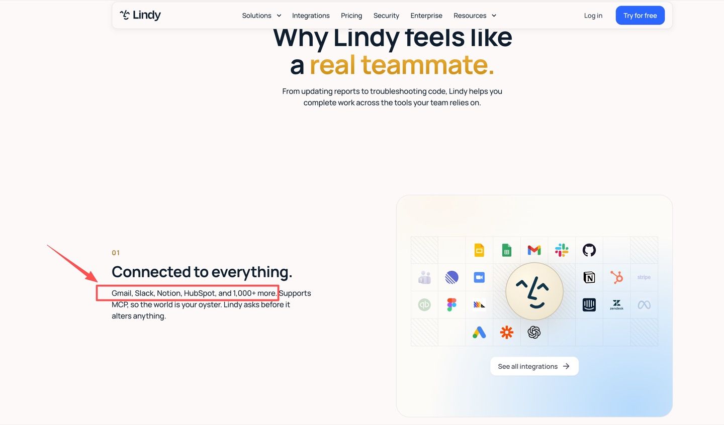 Lindy's homepage highlighting its 'Connected to everything' integration surface across Gmail, Slack, Notion and HubSpot