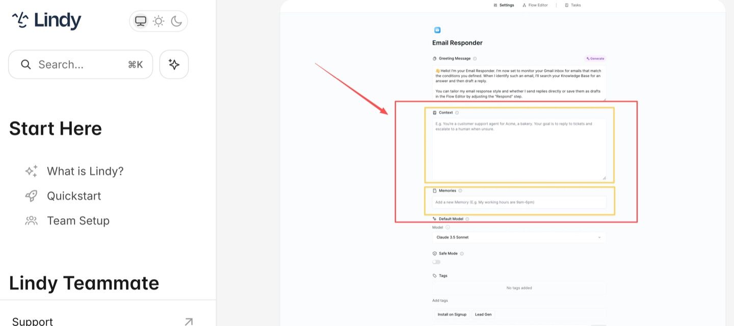 Lindy's task editor showing the Context and Metadata fields that hold persistent task memory