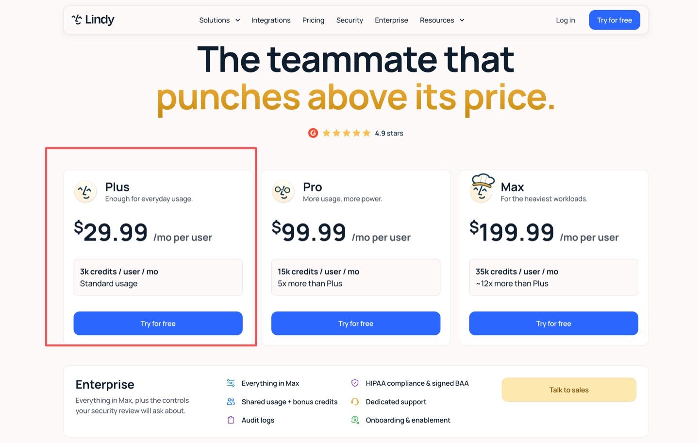 Lindy's pricing page showing the Plus, Pro and Max per-seat tiers alongside the Enterprise option