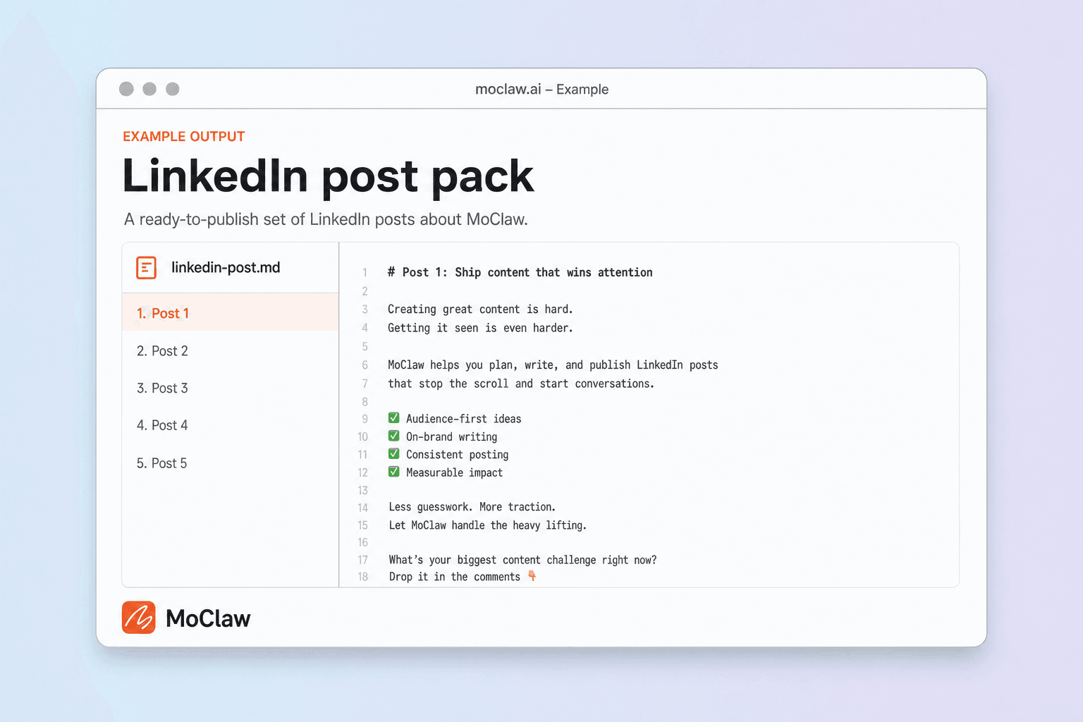Example LinkedIn post output ready to copy