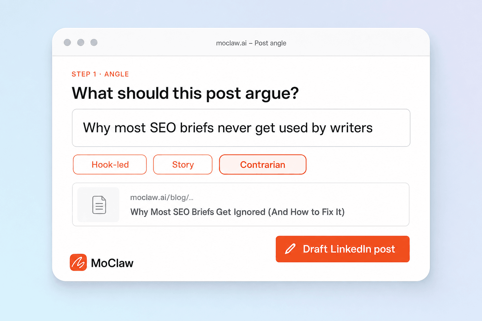 Step 1: choose LinkedIn post angle with topic and link preview