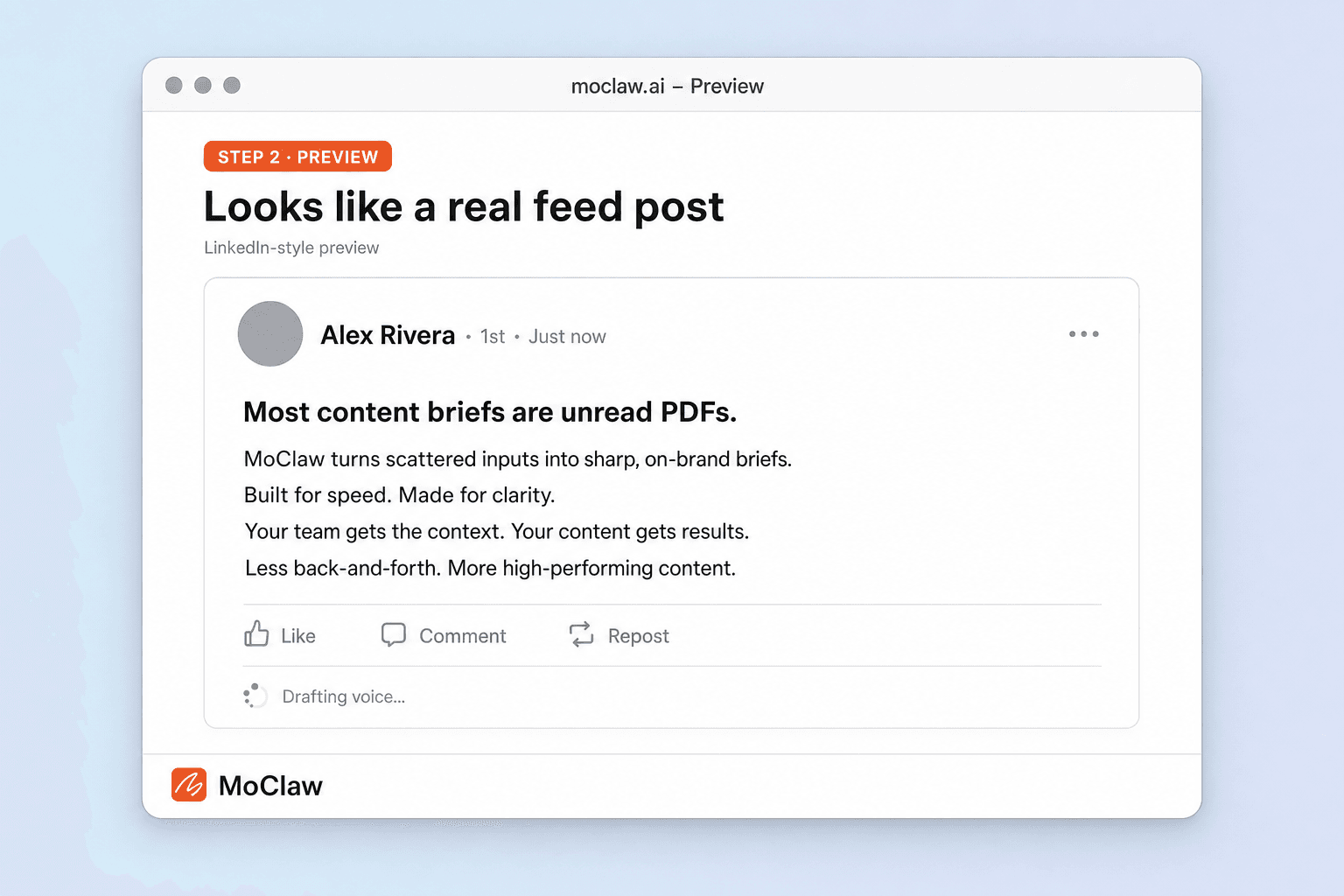 Step 2: LinkedIn post preview card with hook and body
