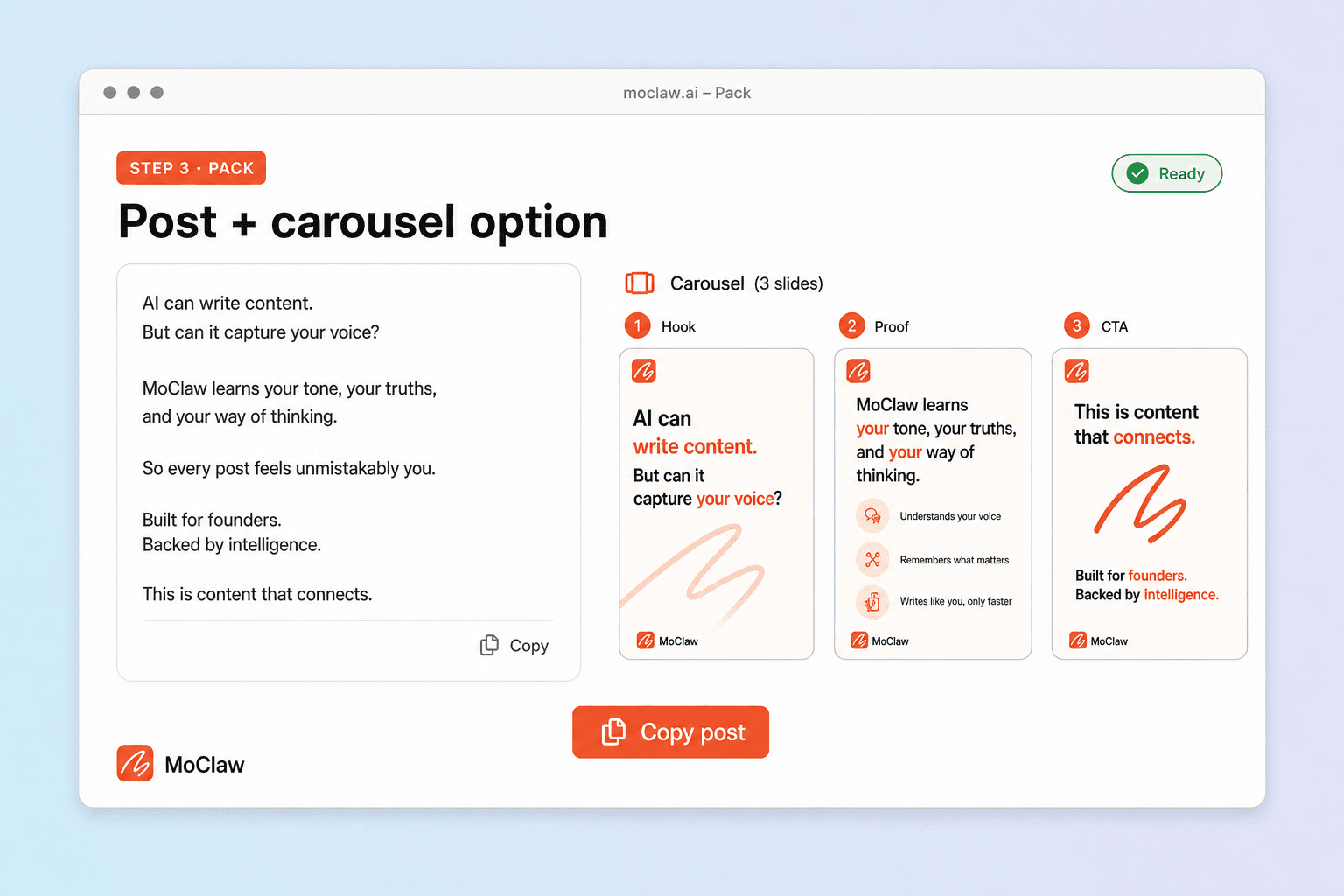 Step 3: LinkedIn post plus carousel slide thumbnails ready to copy