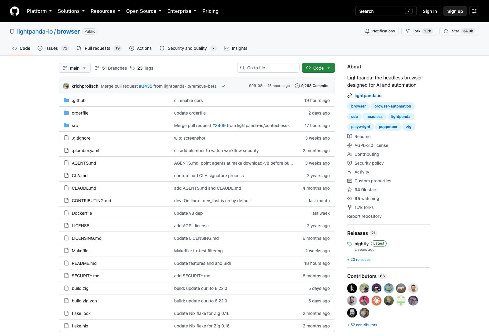 The lightpanda-io/browser repository on September 8, 2026: 34.9k stars, 1.7k forks, AGPL-3.0, and the CDP, headless, playwright and puppeteer topics.