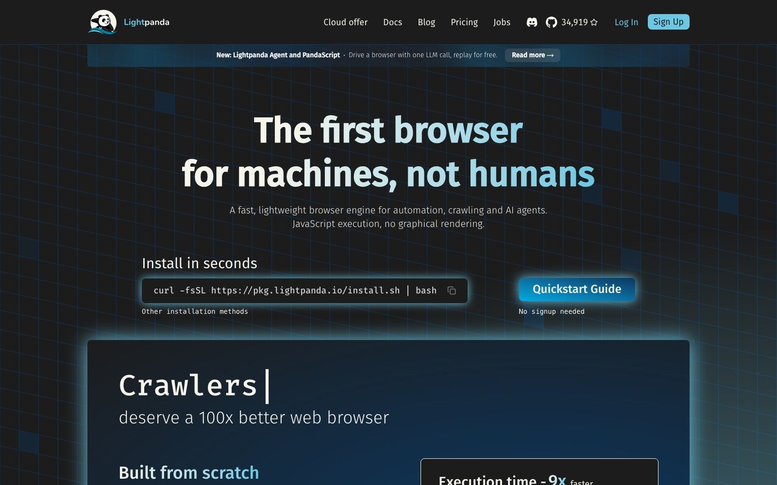The lightpanda.io homepage on September 8, 2026. The headline calls it a browser for machines rather than humans and the subhead states "JavaScript execution, no graphical rendering", with a Cloud offer and Pricing in the navigation.