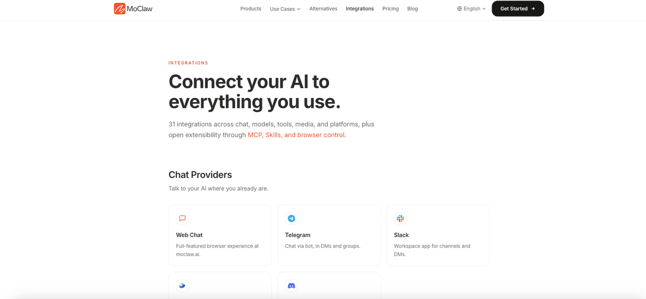 MoClaw integrations page: connect your AI to the chat providers, models, and tools you already use