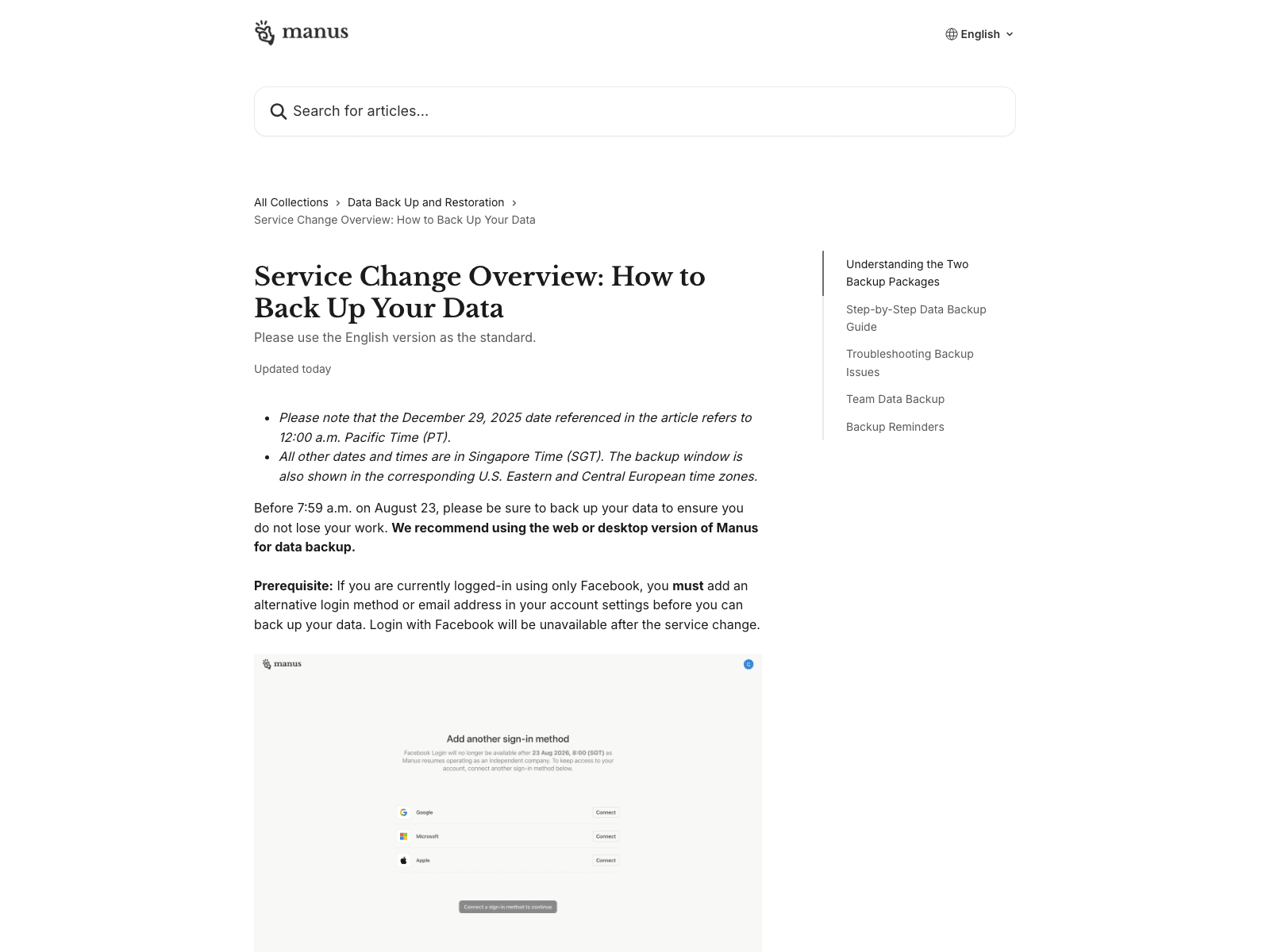 The Manus backup guide, updated the same day, showing the Facebook sign-in prerequisite and the add-another-method dialog