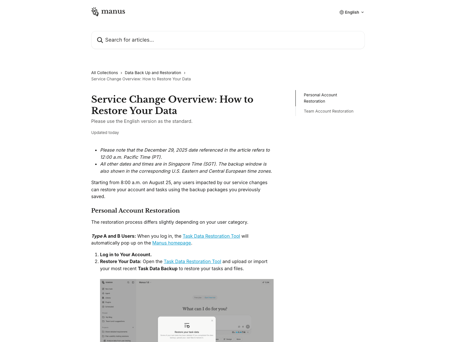 The Manus restore guide showing the Task Data Restoration Tool that pops up automatically for Type A and B users from August 25