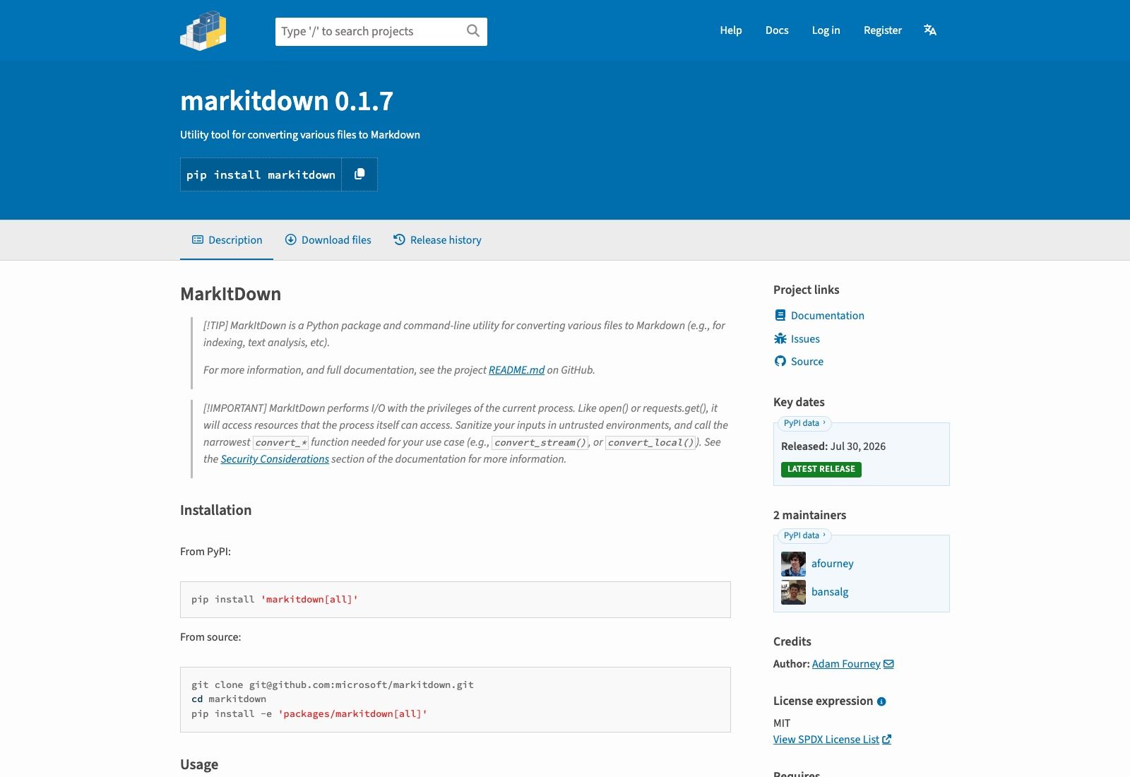 PyPI's markitdown 0.1.7 page. The header copy button offers `pip install markitdown`; the Installation section below it specifies `pip install 'markitdown[all]'`. The two are different packages.