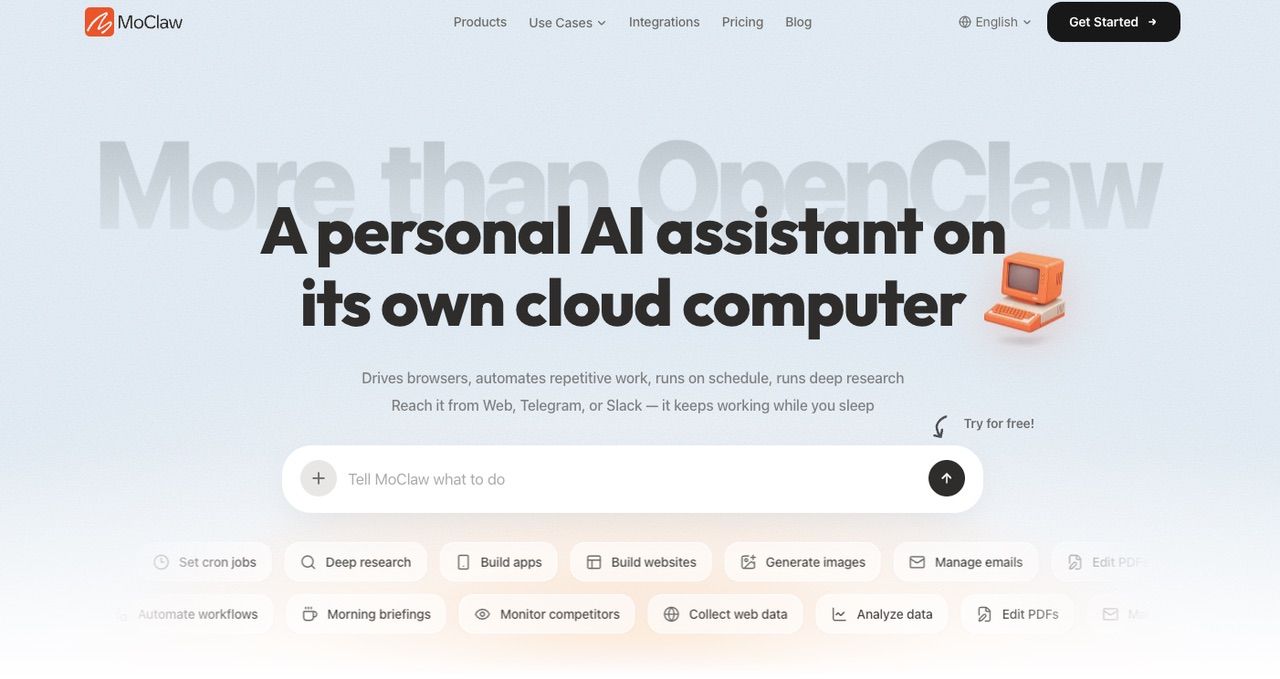 MoClaw personal AI assistant running on its own cloud computer