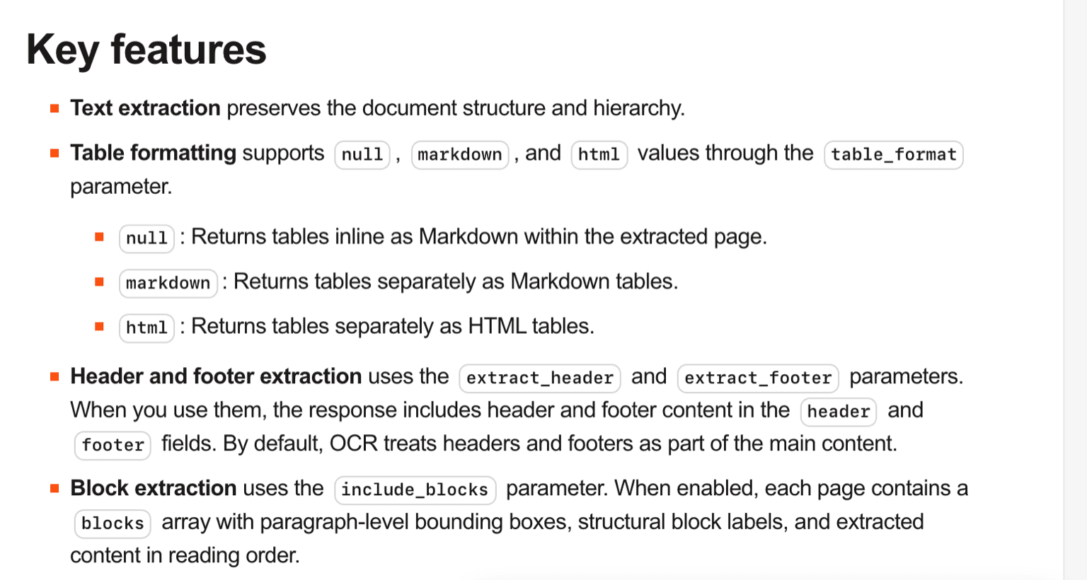 Mistral's OCR documentation listing the key features: text extraction preserving structure, table formatting through table_format with null, markdown and html values, header and footer extraction, and block extraction through include_blocks
