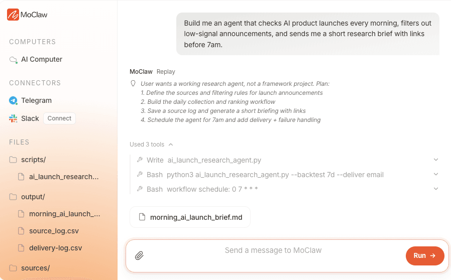A MoClaw agent run building a scheduled AI product launch research brief, showing the plan, three tool calls, and the delivered brief file