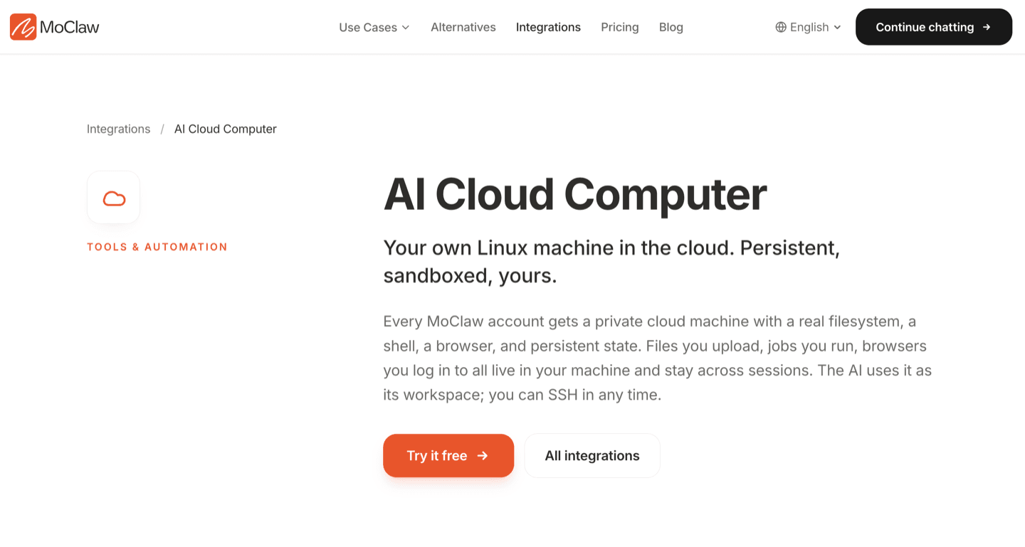 MoClaw's AI Cloud Computer page: a persistent, sandboxed Linux machine that keeps running when the laptop is closed.