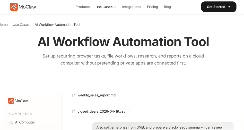 MoClaw AI Workflow Automation Tool page showing recurring browser and file workflows