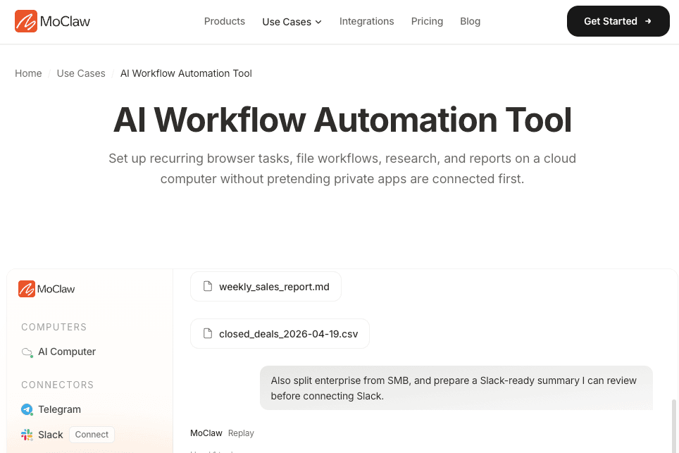 MoClaw AI Workflow Automation Tool use-case page showing recurring browser tasks, file workflows, and report generation on a cloud computer
