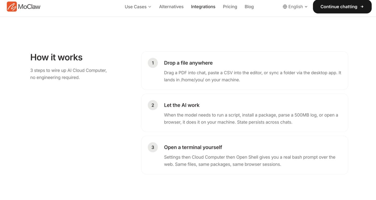 MoClaw's AI Cloud Computer page showing the three-step how it works flow