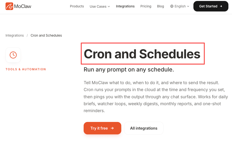 MoClaw Cron and Schedules integration page for running any prompt on any schedule