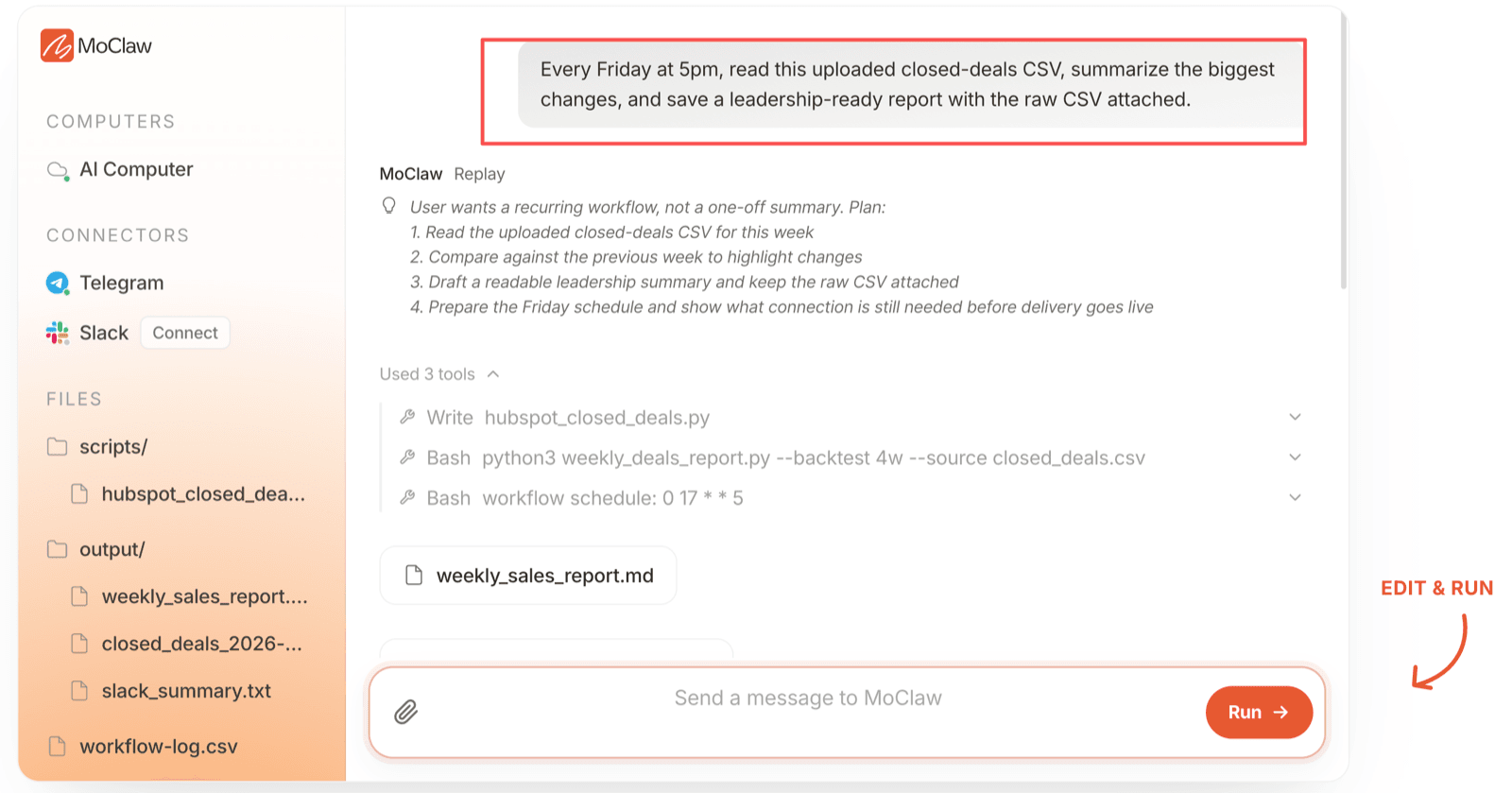 MoClaw handling the same split: a scheduled Friday report reads the uploaded file, and the raw file stays attached to the output.