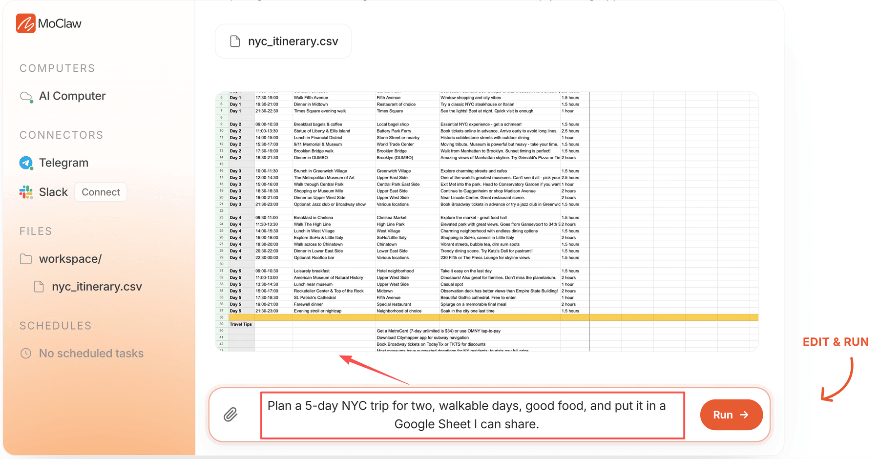 MoClaw turning a plain-language trip request into a shareable itinerary spreadsheet.