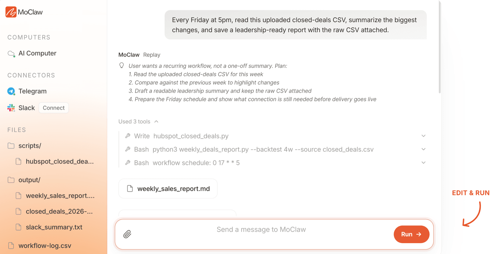 MoClaw planning the same shape of recurring work from an uploaded CSV, with the schedule and the tools it used.