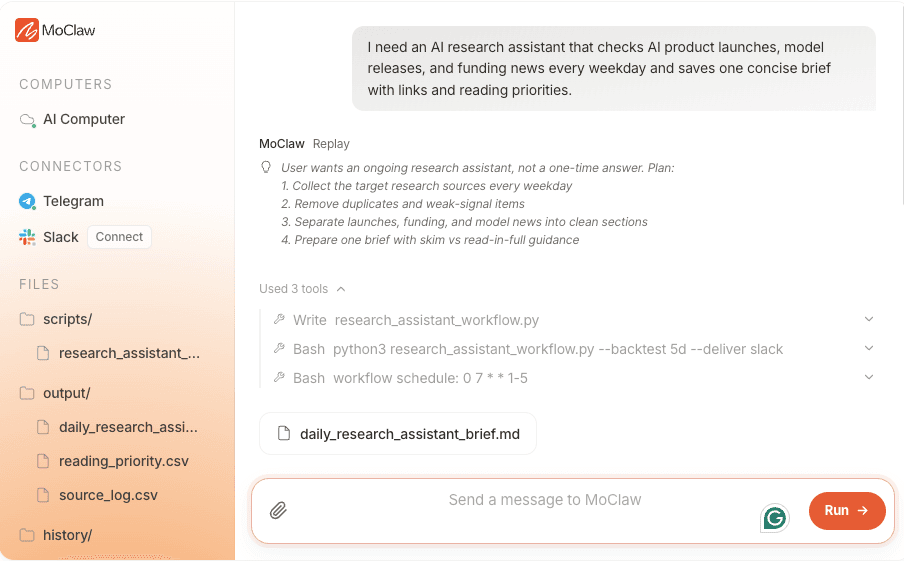 MoClaw running a recurring AI research assistant: it plans the weekday brief, writes research_assistant_workflow.py, schedules it, and delivers a daily brief with a source log
