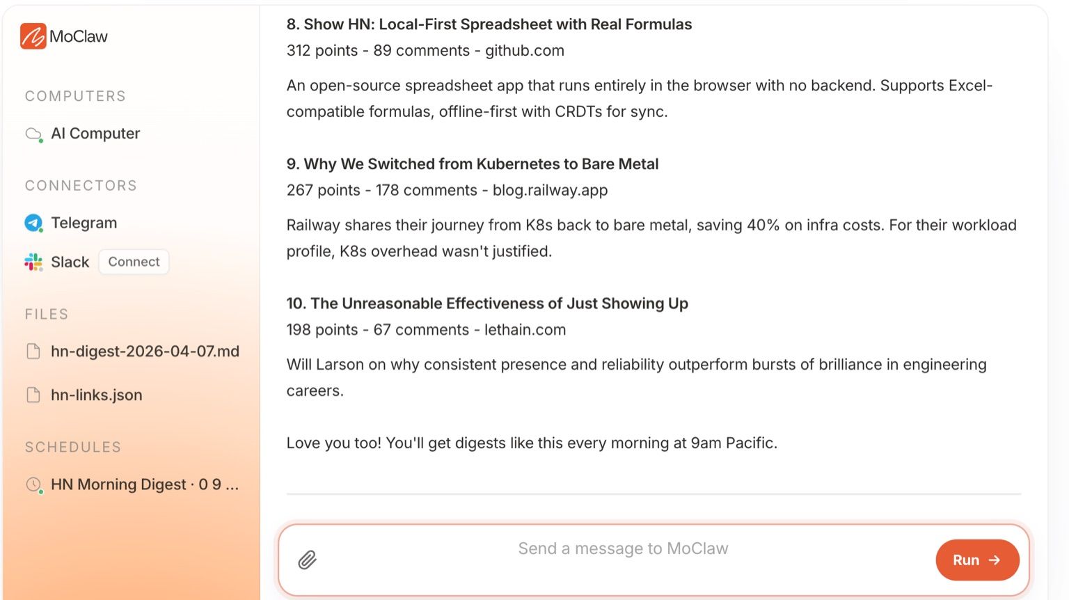 MoClaw during a scheduled run: the HN Morning Digest schedule sits in the sidebar next to the dated file it wrote, hn-digest-2026-04-07.md. There is no credit balance anywhere in the interface. Screenshot taken April 2026; the digest entries are example output rather than verified reporting.