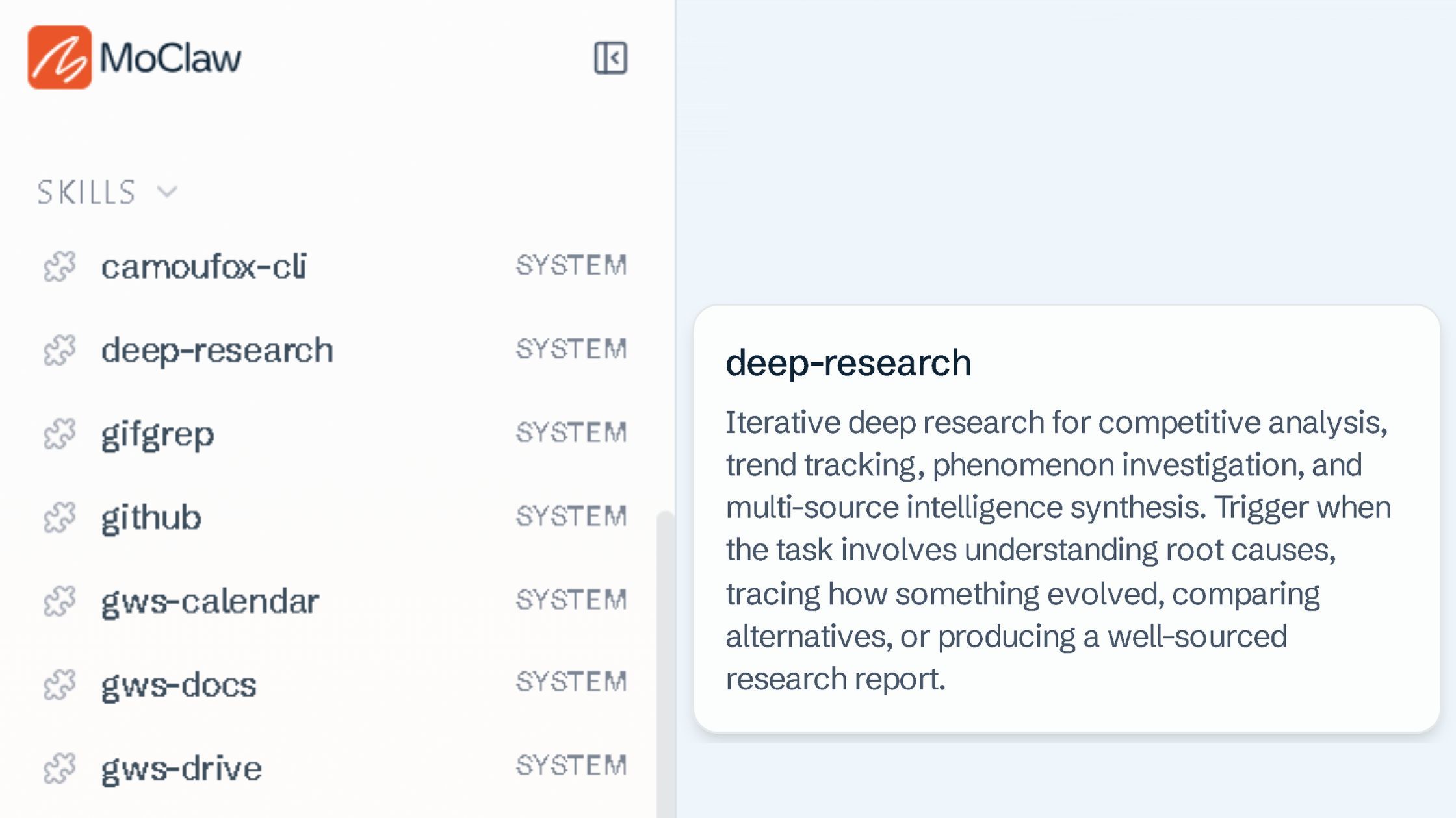 Built-in agentic skills in MoClaw, including deep research