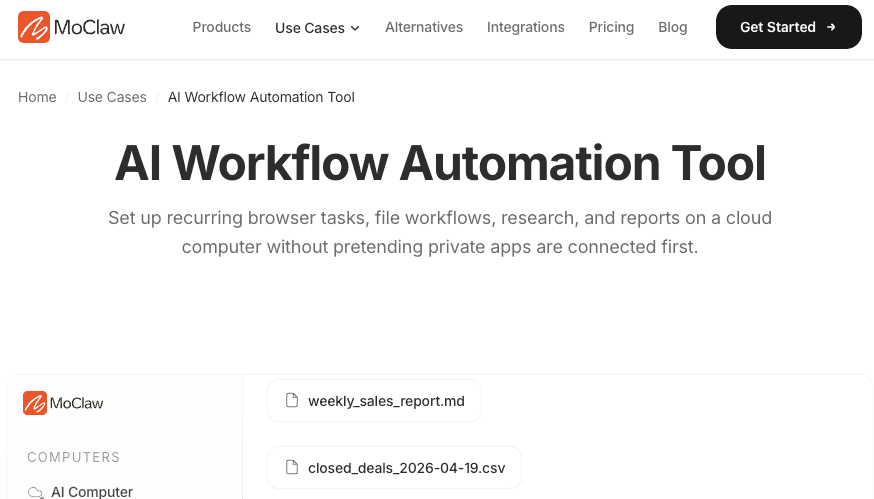 MoClaw AI Workflow Automation Tool use-case page showing recurring browser tasks, file workflows, and report generation on a cloud computer