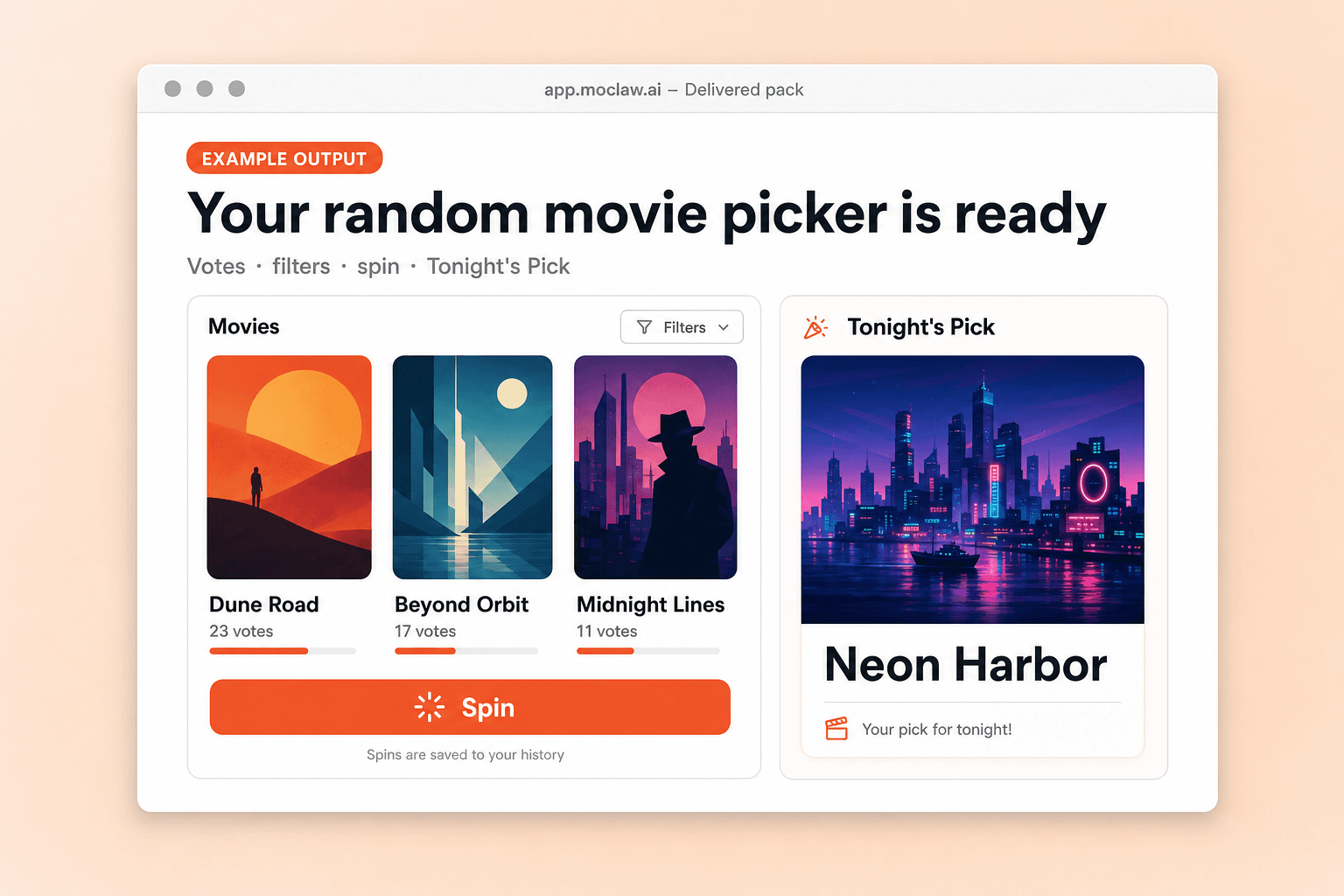 Finished random movie picker showing votes, a Spin button, and a Tonight's Pick card