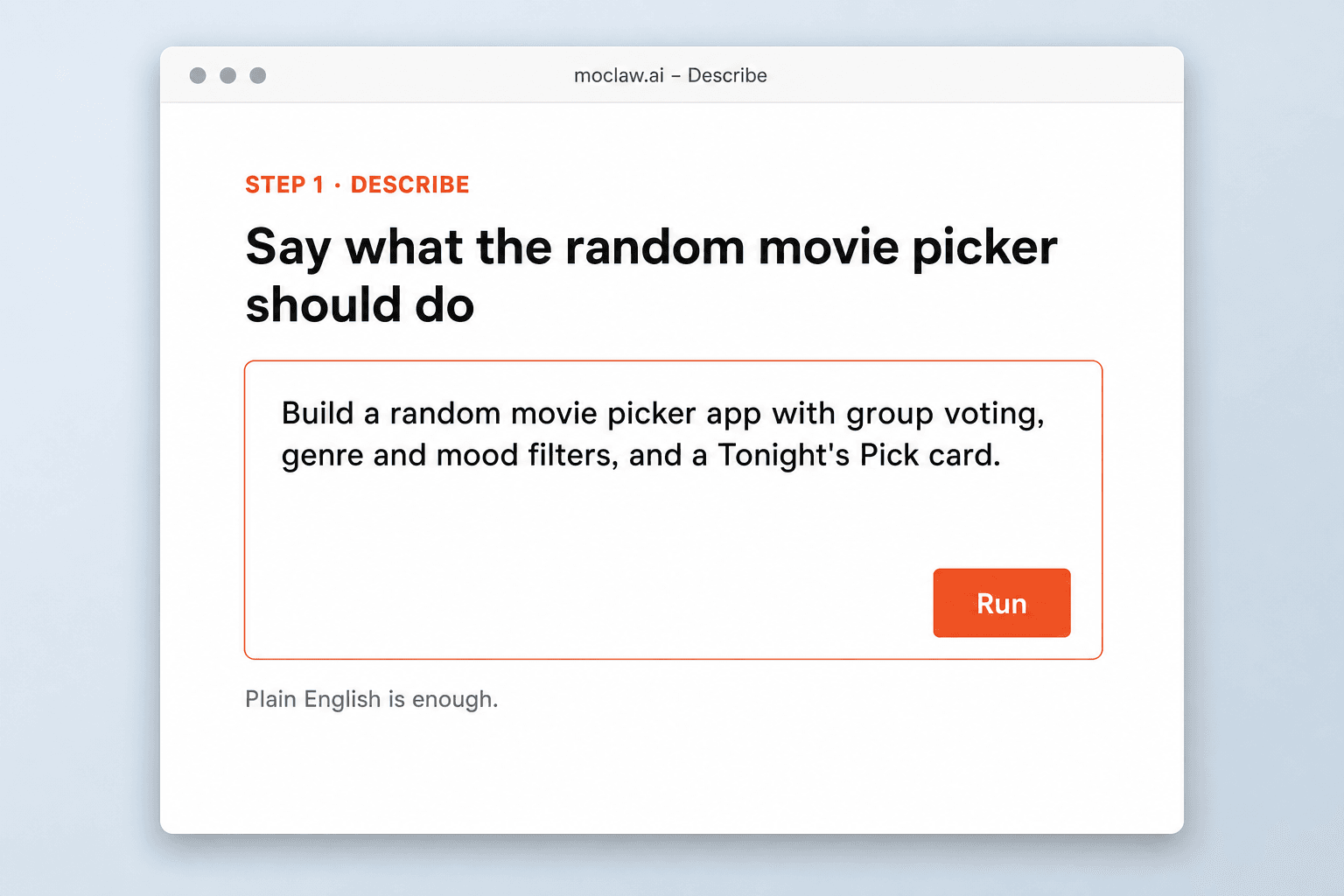 Step 1: describe the random movie picker in plain English inside a simple moclaw.ai chat-style prompt card